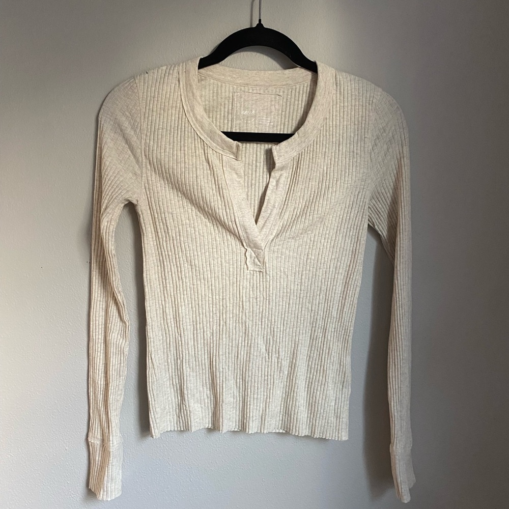 Aerie Rib Knit Long Sleeve Cream Tee‎ Small Cozy Heritage Layering Top Basic